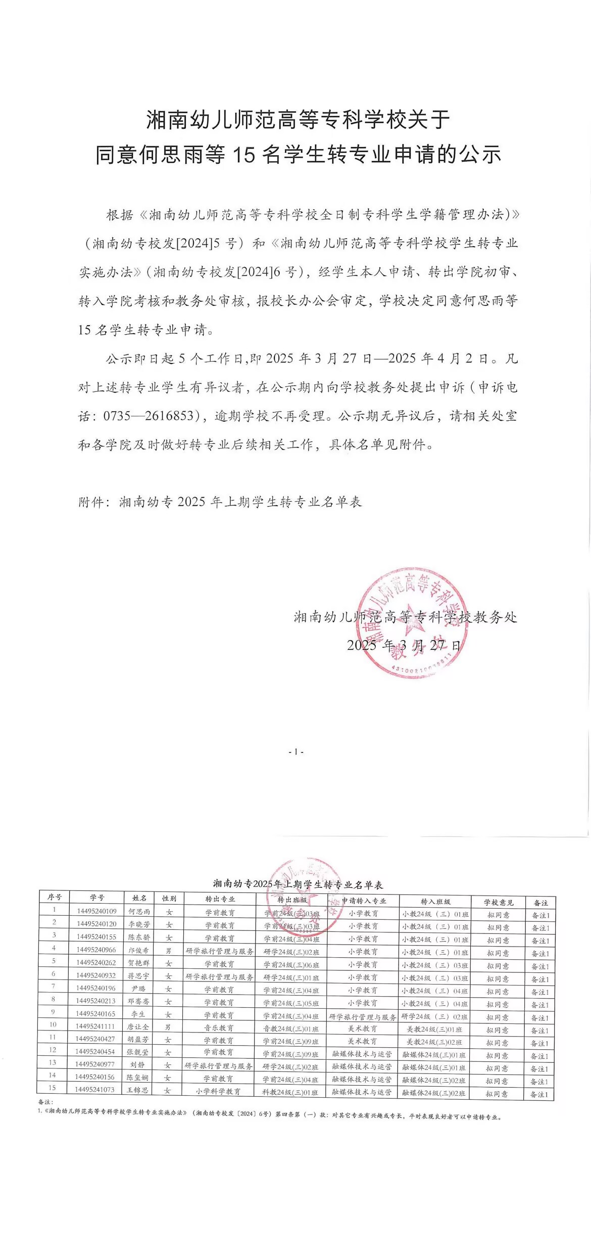 湘南幼儿师范高等专科学校关于同意何思雨等15名学生转专业申请的公示